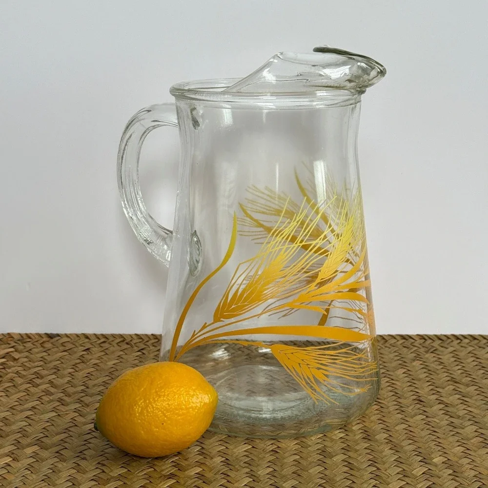 Vintage Mid Century Glass Juice Pitcher‎ Yellow Golden Wheat Pattern Ice Lip